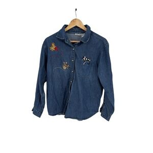 Cabin Creek Denim Shirt Womens LP  Cats Lady Animals Grandma Vintage Folk Kitty